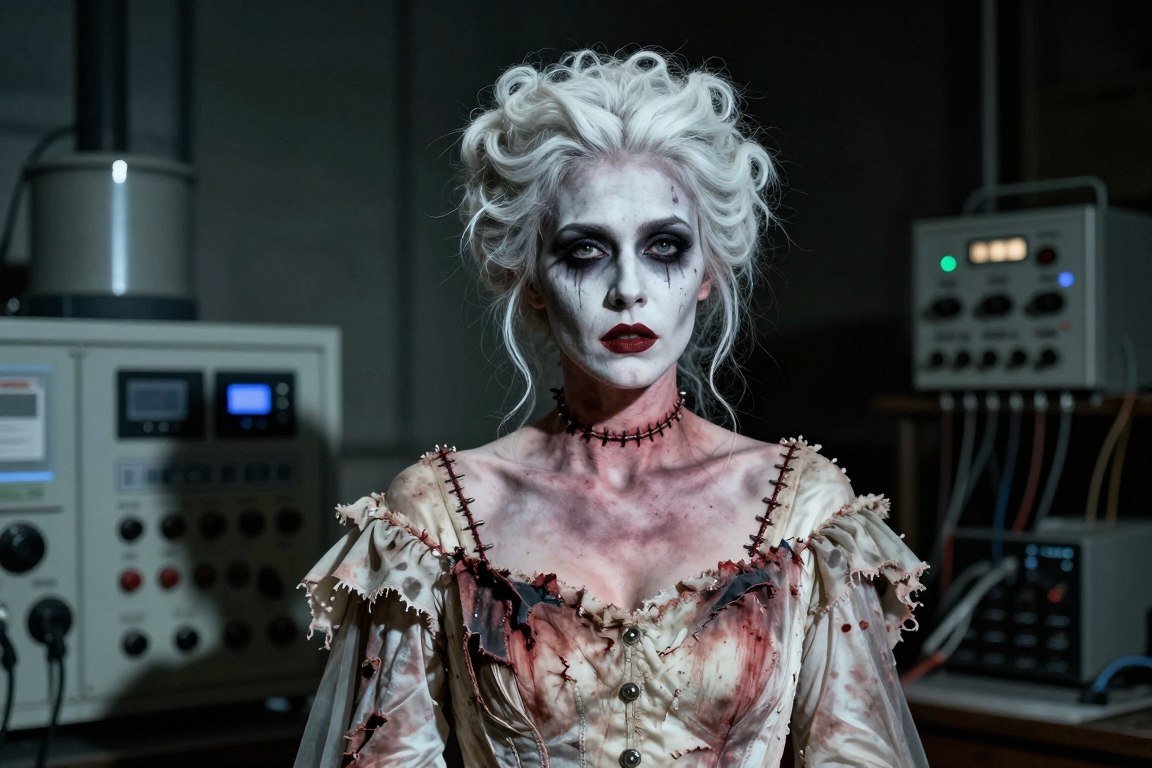 Woman in torn wedding dress with Frankenstein bride hair and scars