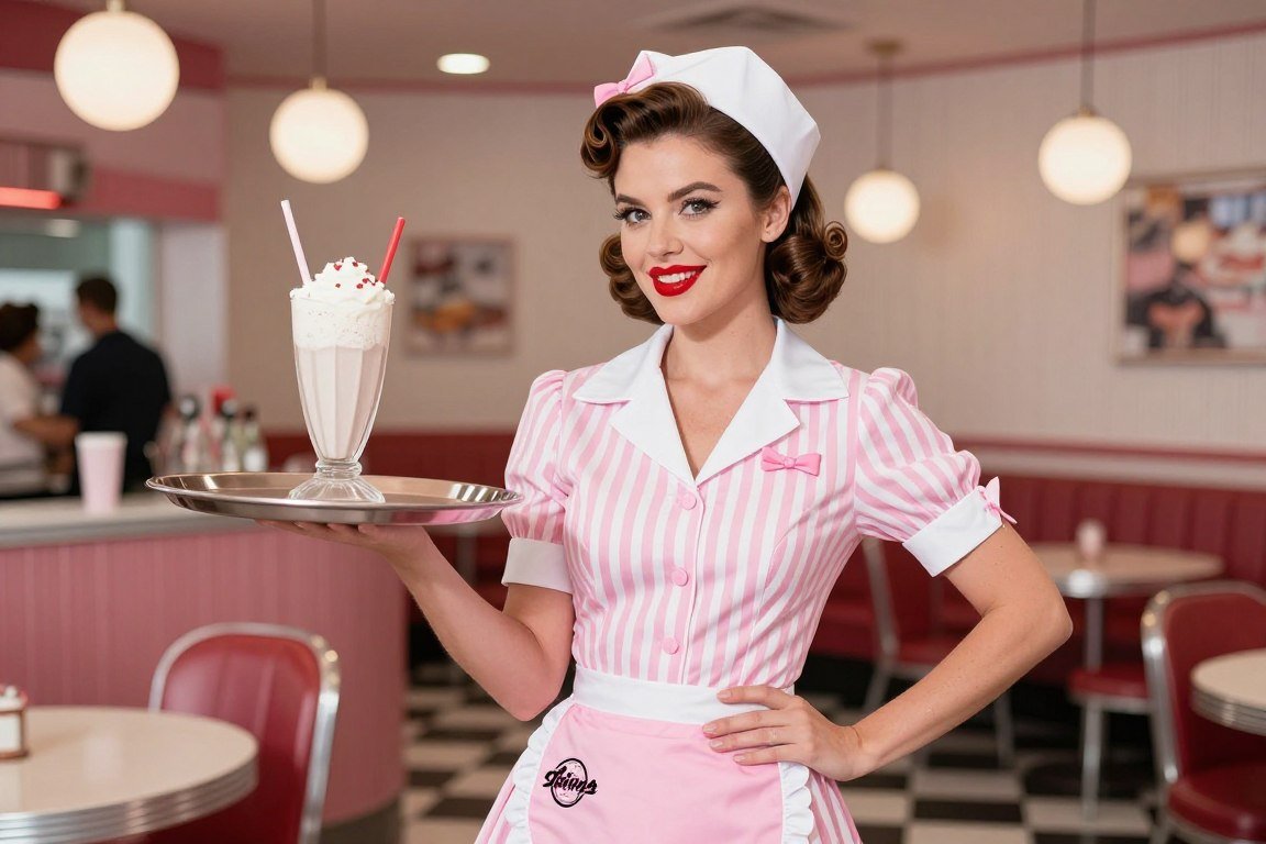 Woman in vintage 1950s diner waitress costume with apron and roller skates