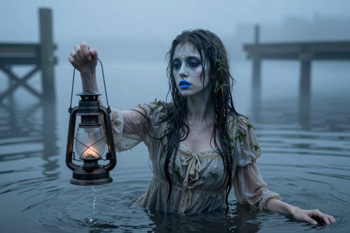Woman in waterlogged Victorian dress with drowned ghost makeup