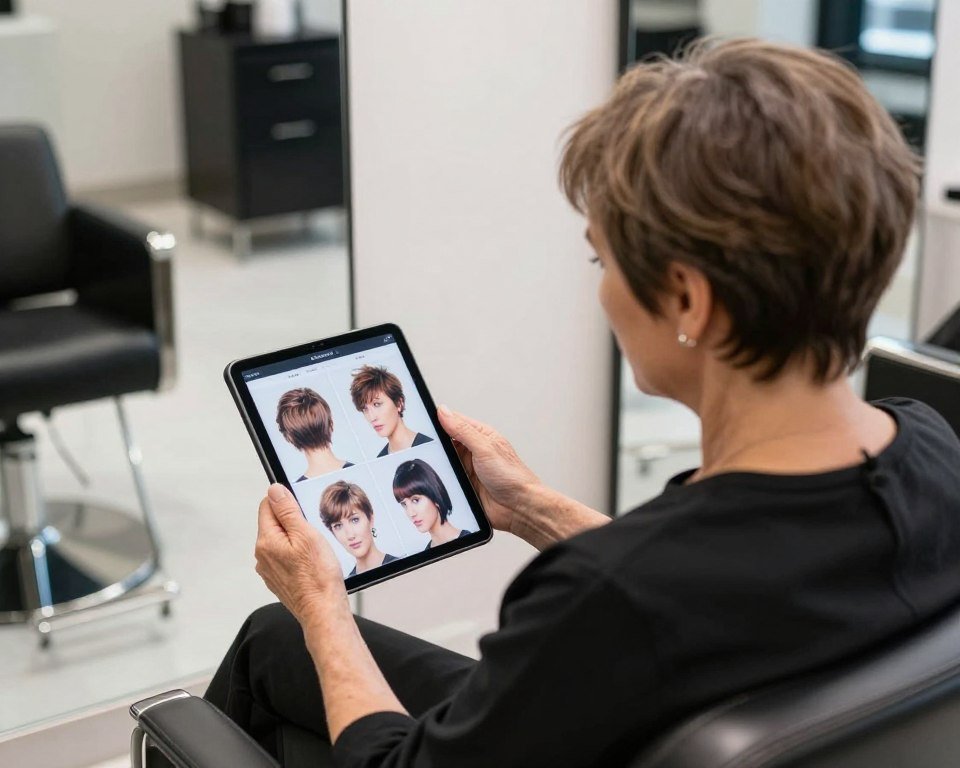 Woman over 60 looking at pixie haircut reference photos
