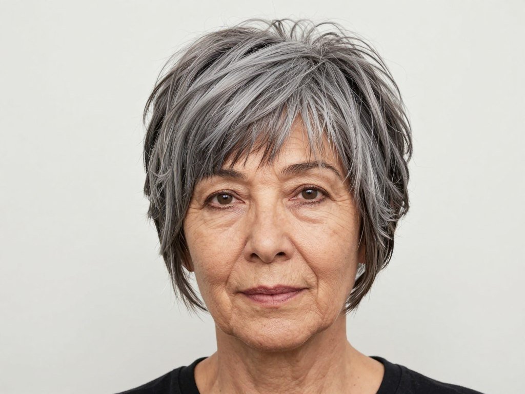 Woman over 60 with choppy layered pixie creating fullness illusion