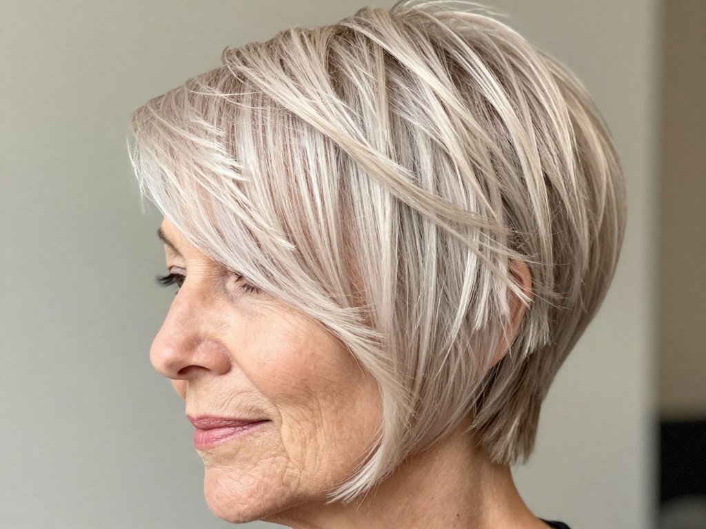 Woman over 60 with feathered layers pixie cut showing soft texture and movement