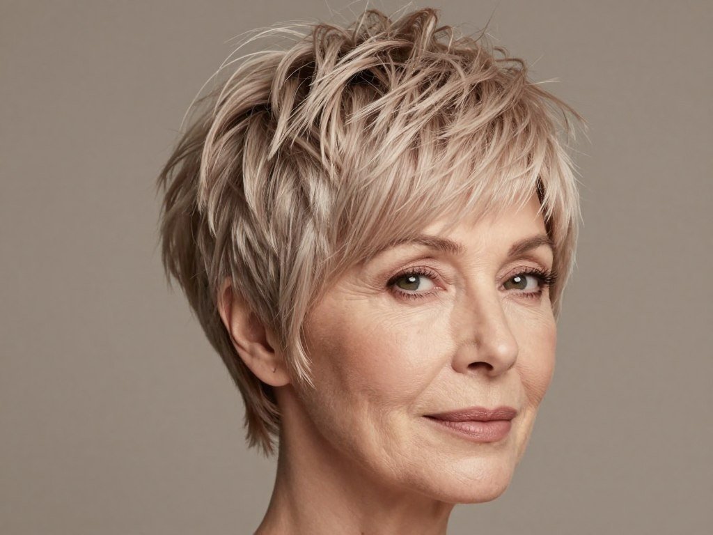 Woman over 60 with feathered pixie showing soft blended edges