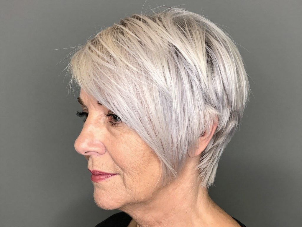 Woman over 60 with fine straight hair in volumized pixie cut