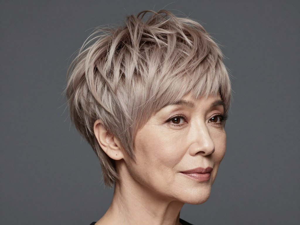 Woman over 60 with layered crown pixie haircut showing maximum volume