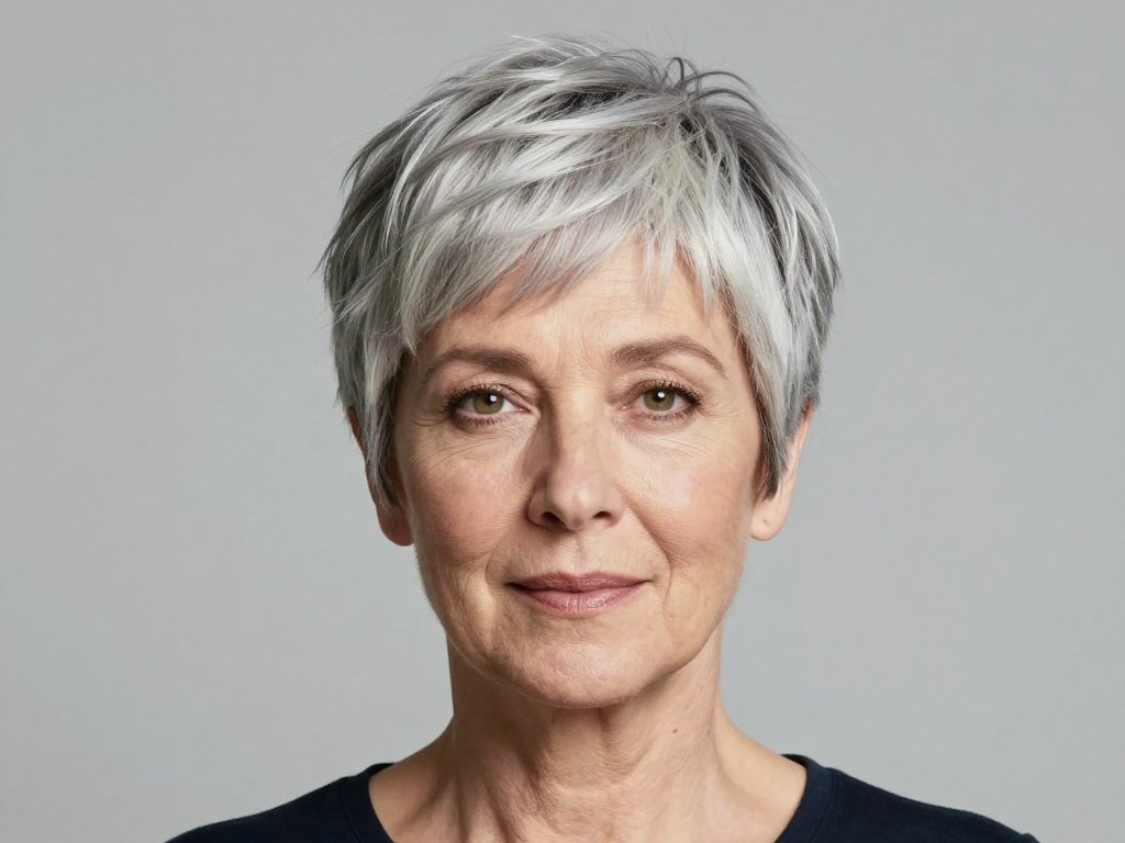 Woman over 60 with long face shape in width-adding pixie haircut