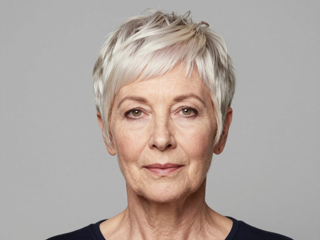Woman over 60 with oval face shape in versatile pixie haircut