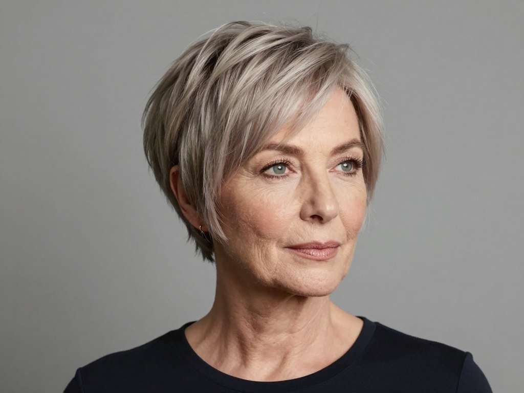 Woman over 60 with pixie bob hybrid haircut