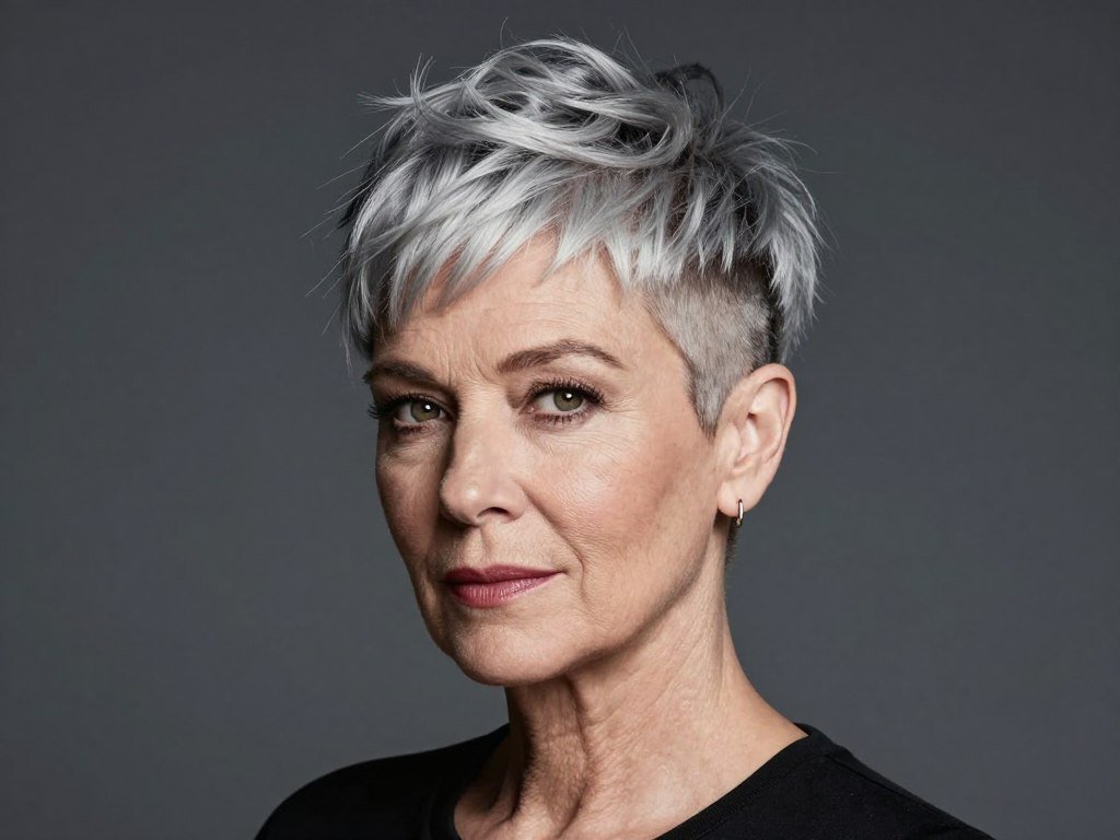 Woman over 60 with pixie cut and shaved side sections