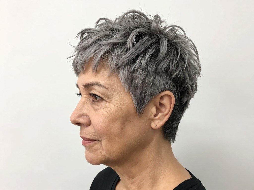 Woman over 60 with pixie cut featuring graduated sides and voluminous top
