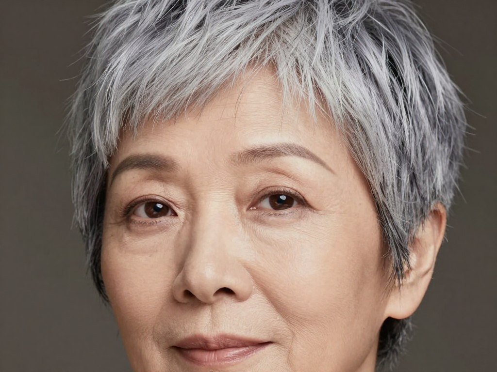 Woman over 60 with pixie haircut featuring delicate temple area styling
