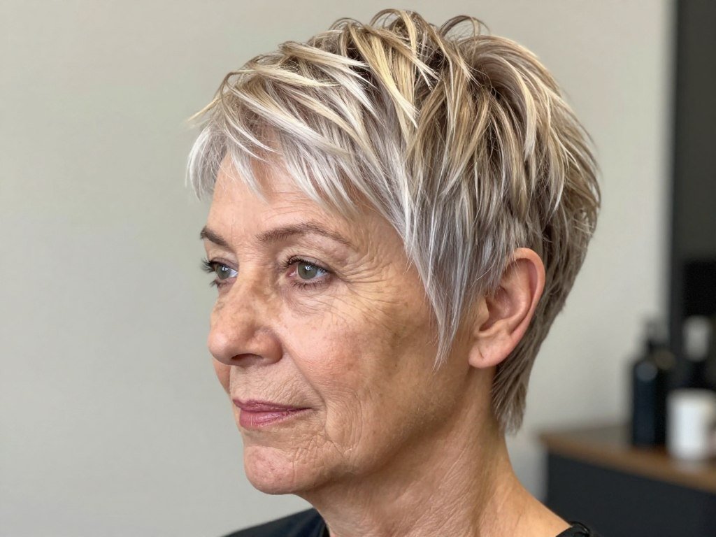 Woman over 60 with pixie haircut featuring dimensional highlights