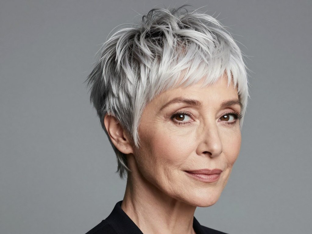Woman over 60 with pixie haircut featuring textured fringe across forehead