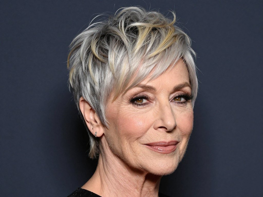 Woman over 60 with pixie haircut styled with deep side part