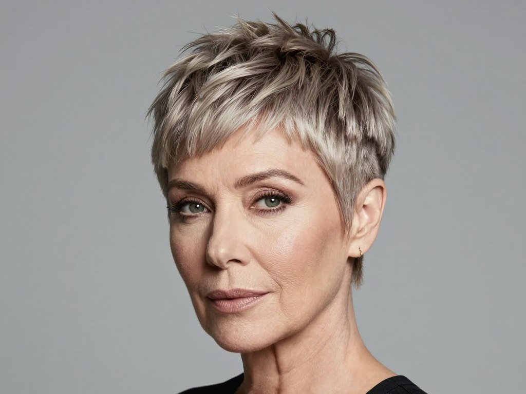 Woman over 60 with razored pixie cut showing textured top and tapered sides