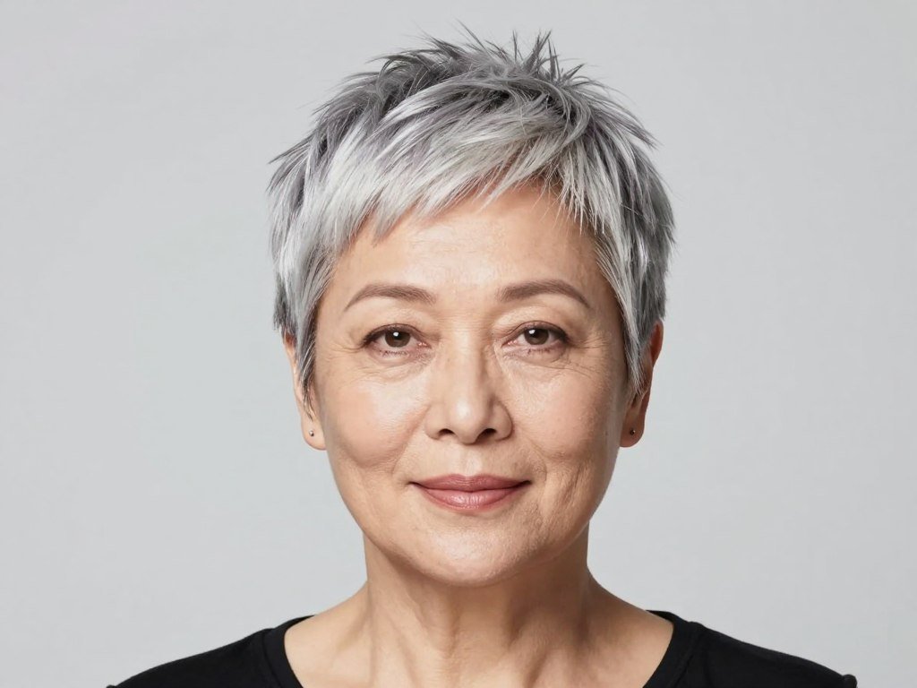 Woman over 60 with round face wearing flattering pixie haircut