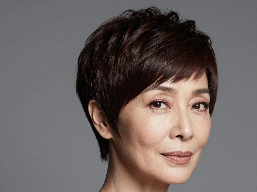 Woman over 60 with sleek smooth pixie haircut