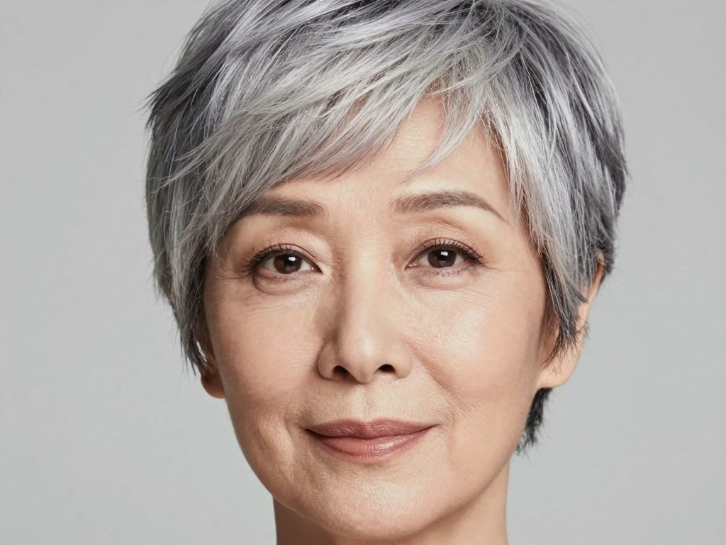 Woman over 60 with soft pixie haircut showing face-framing layers