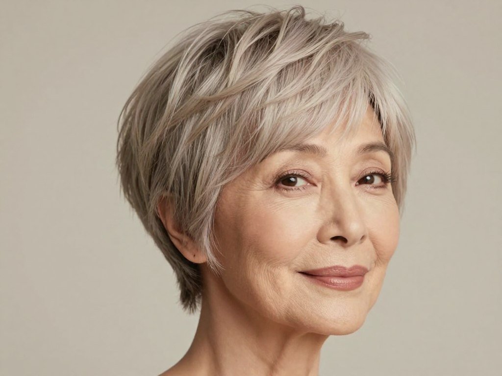 Woman over 60 with soft wispy pixie haircut