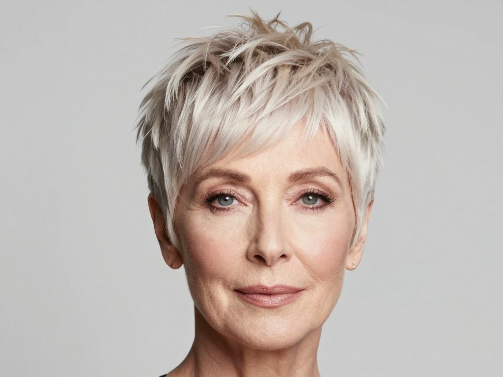 Woman over 60 with textured pixie haircut emphasizing crown volume
