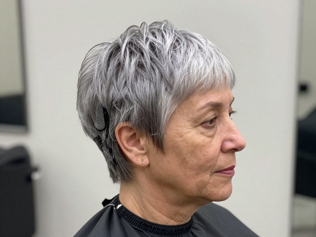 Woman over 60 with thick hair in well-thinned pixie cut