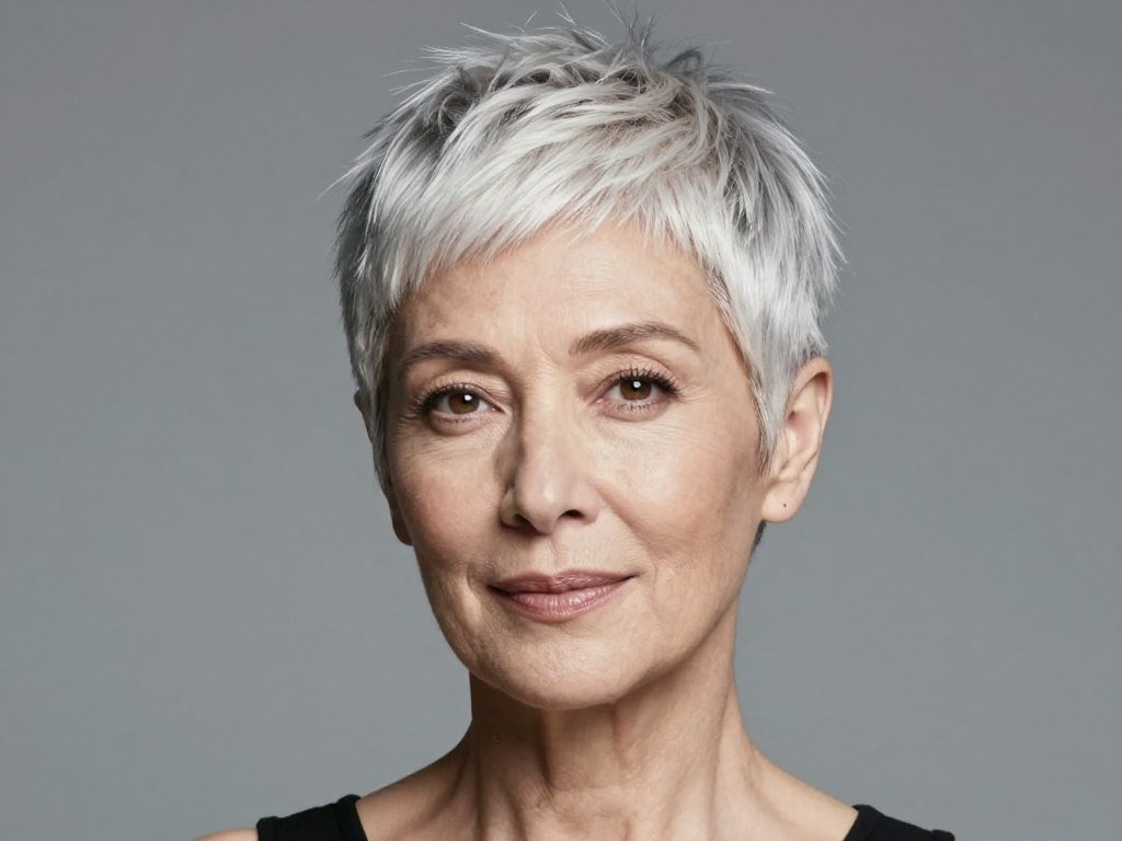 Woman over 60 with ultra-short cropped pixie haircut