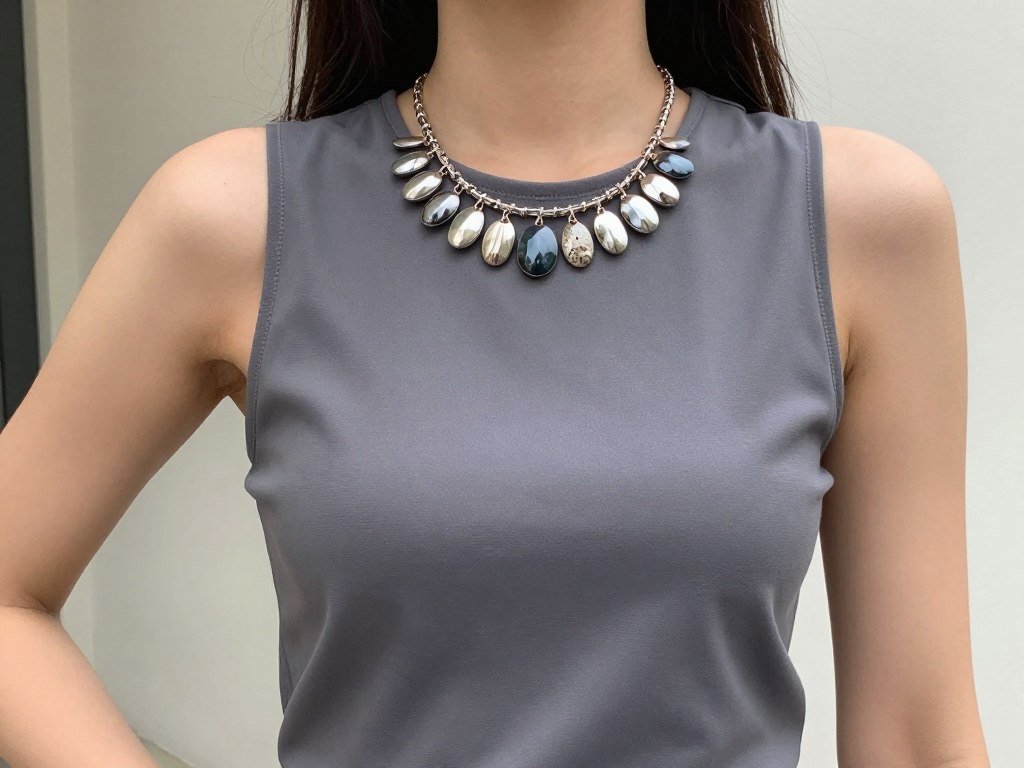 Woman showcasing elegant neckline and shoulder detail outfit
