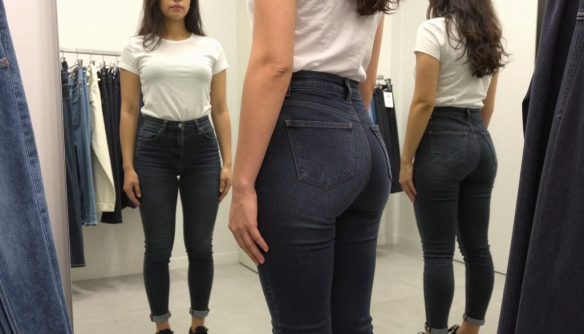 Woman trying on high-waisted jeans in fitting room checking fit from different angles