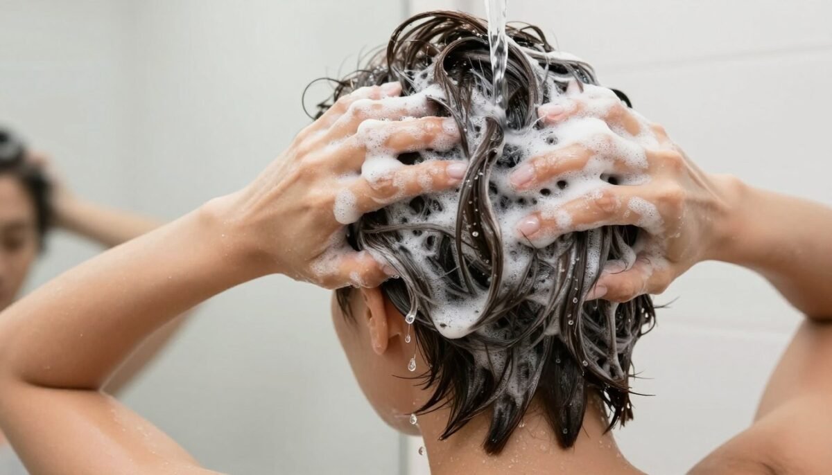 Woman washing short choppy haircut showing proper technique