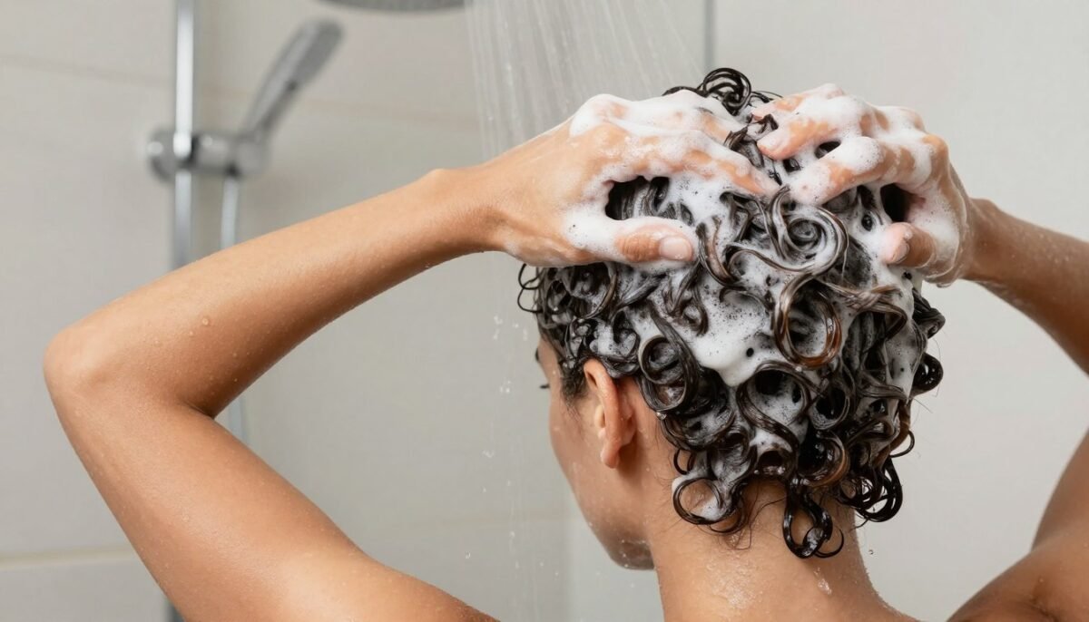 Woman washing short curly hair in shower