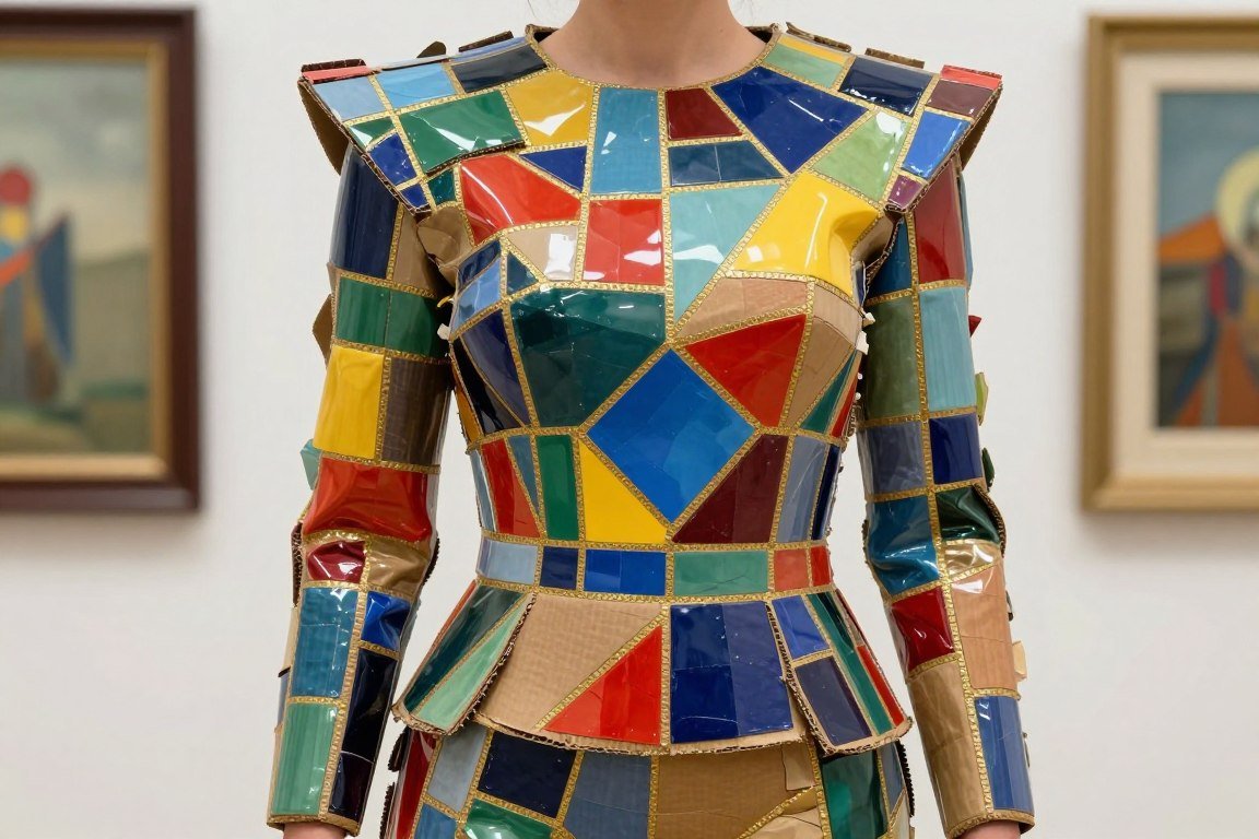 Woman wearing costume designed as colorful mosaic artwork