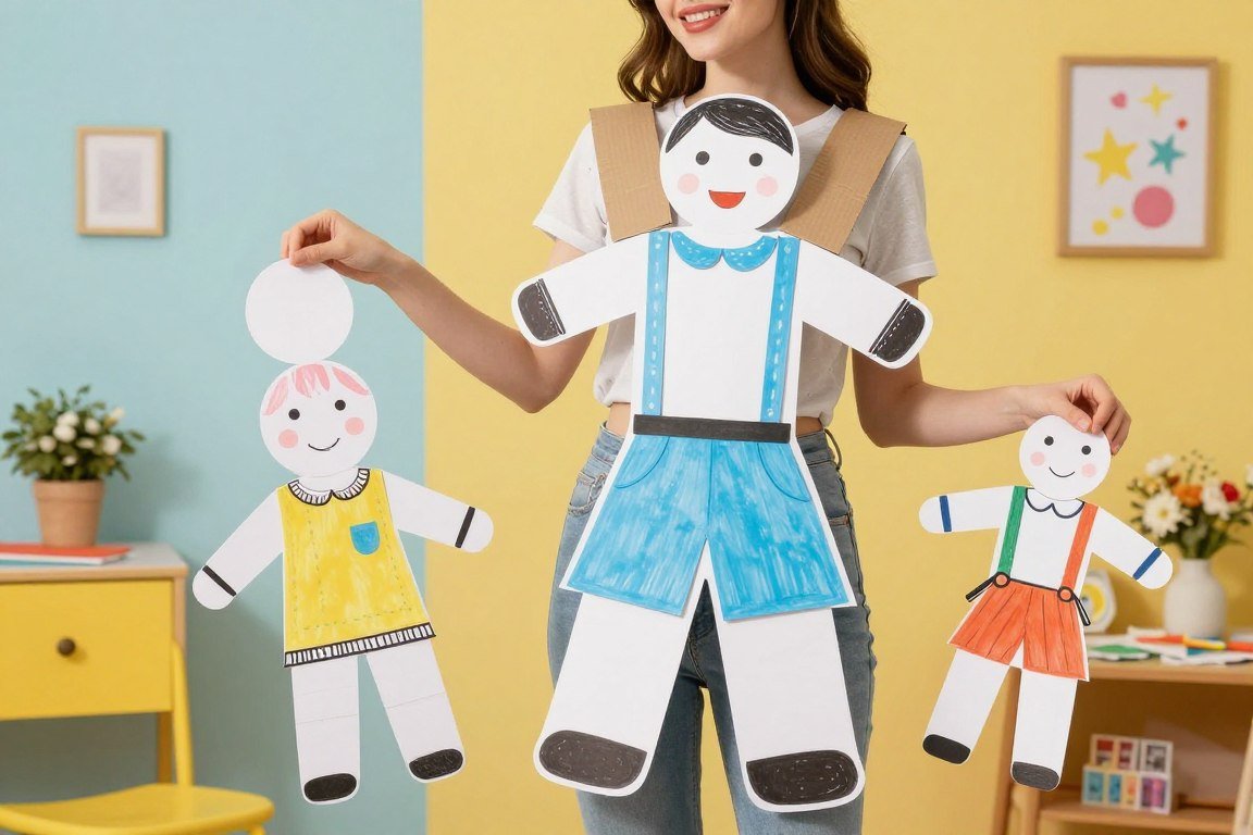 Woman wearing creative DIY paper doll costume with tabs