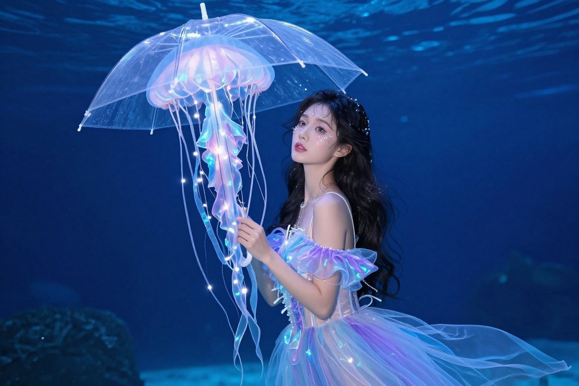 Woman wearing glowing jellyfish costume with translucent tentacles