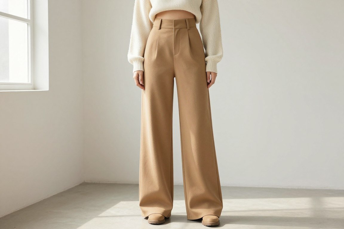 Woman wearing high-waisted wide leg trousers with cropped sweater showing proper torso proportion
