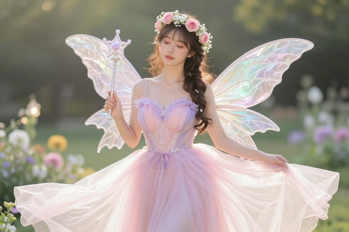 Woman wearing pastel fairy costume with wings and flower crown