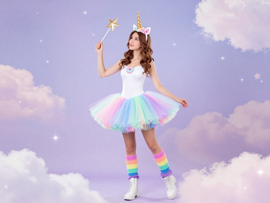 Woman wearing rainbow unicorn costume with horn headband and colorful tutu