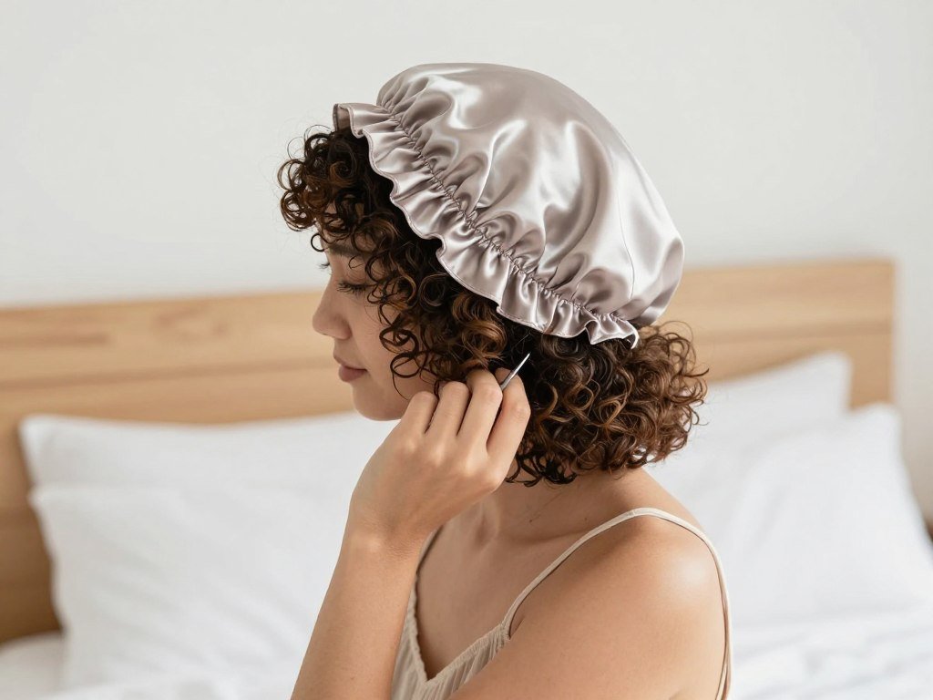 Woman wearing satin bonnet to protect curls overnight