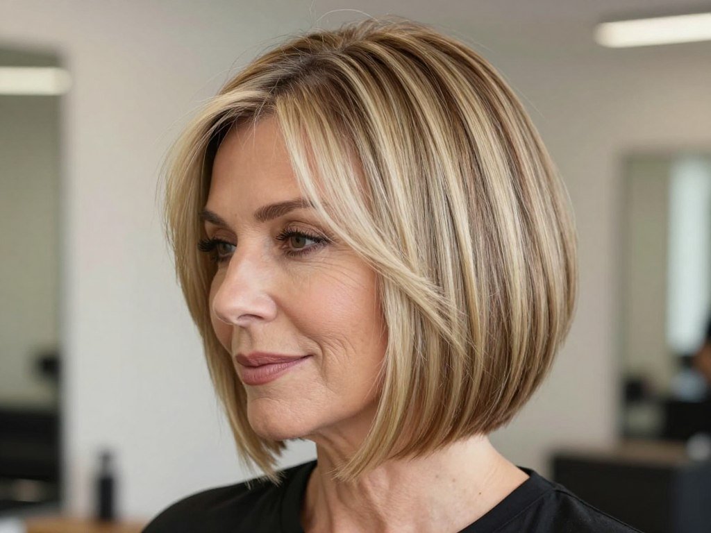 Woman with angled bob featuring dimensional highlights