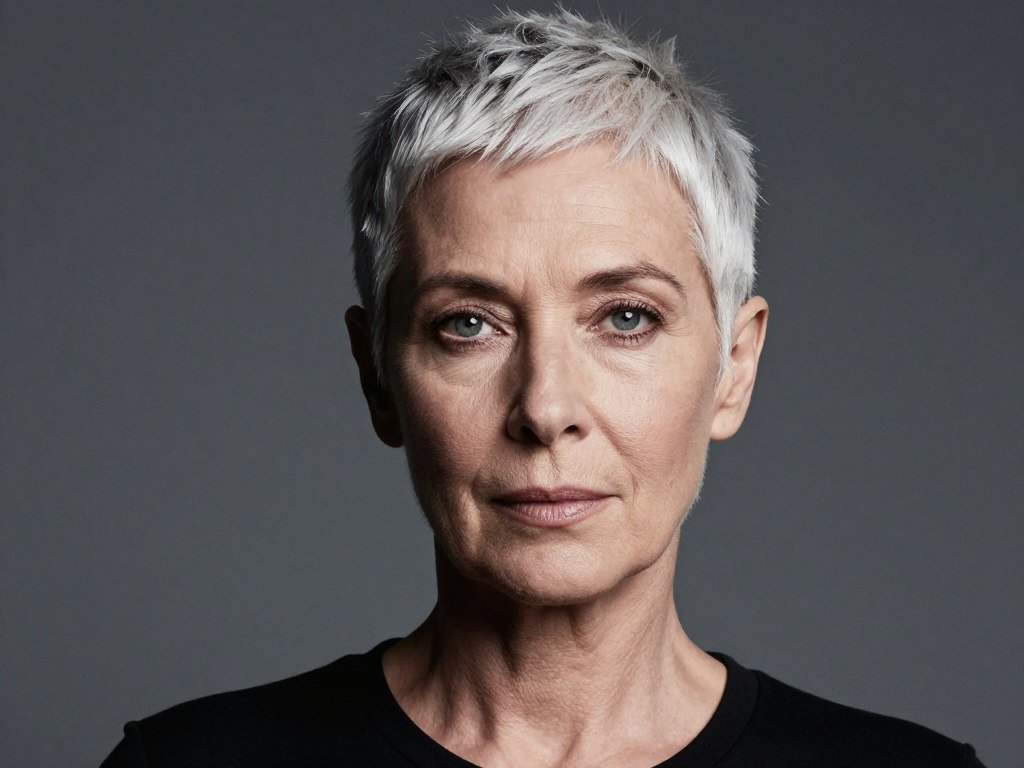 Woman with buzzed pixie haircut