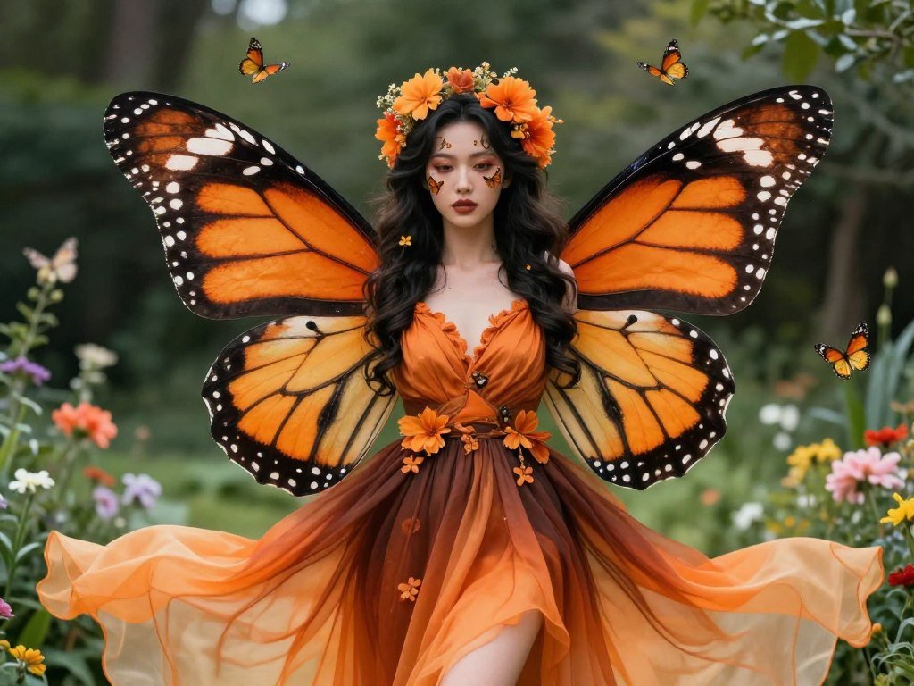 Woman with large colorful butterfly wings and floral dress