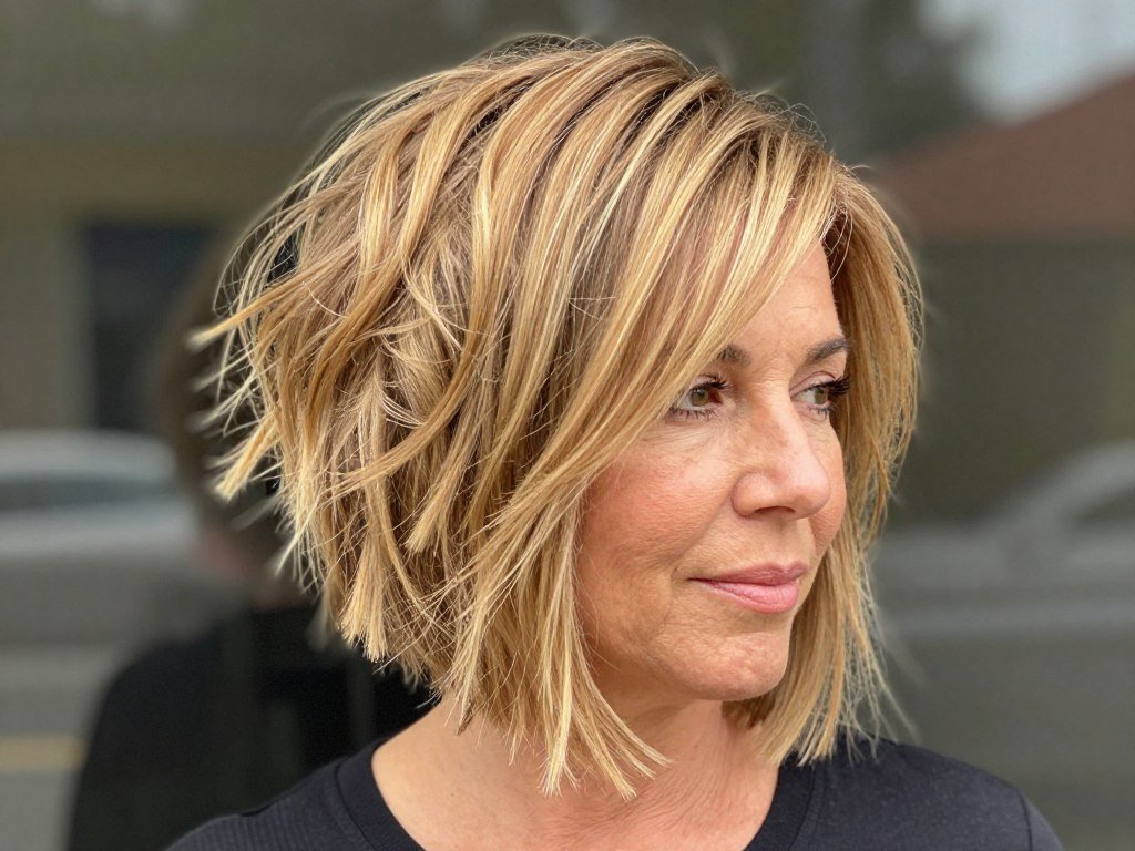 Woman with layered shaggy bob haircut