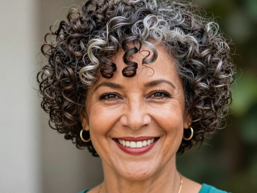 Woman with natural curly pixie haircut
