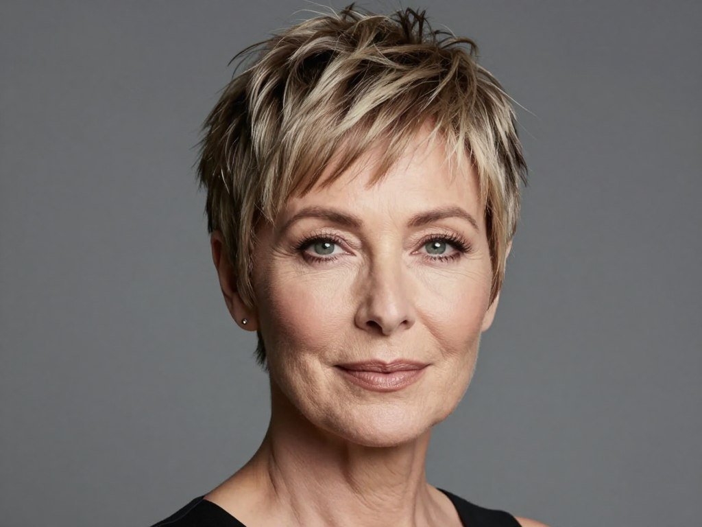 Woman with oval face shape wearing flattering short pixie cut