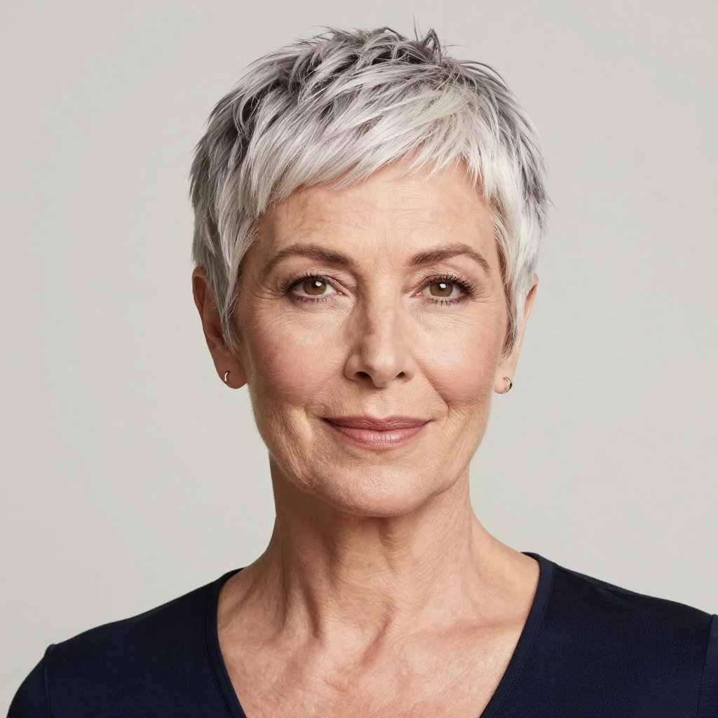 Woman with oval face wearing short pixie cut