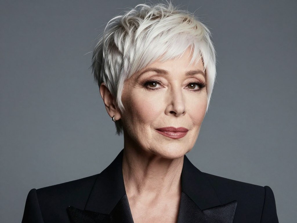 Woman with platinum blonde pixie haircut