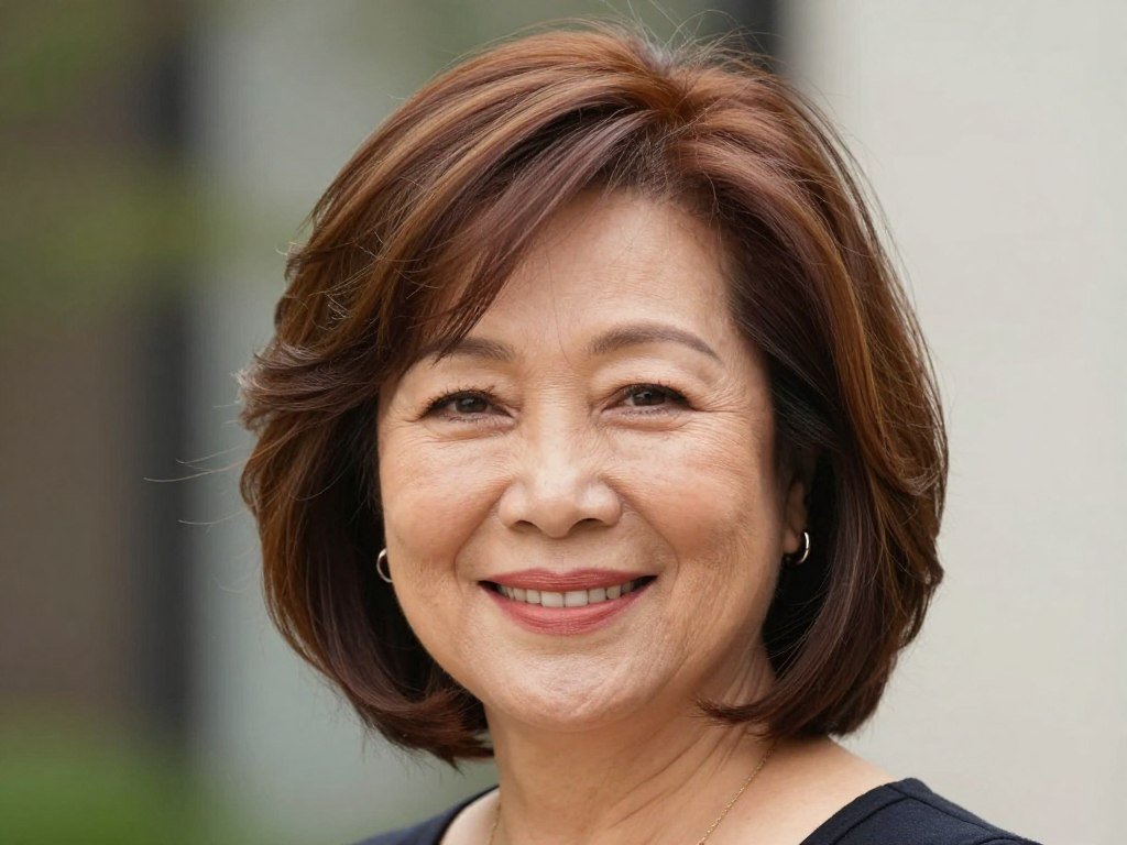 Woman with round face shape wearing layered bob with height on top