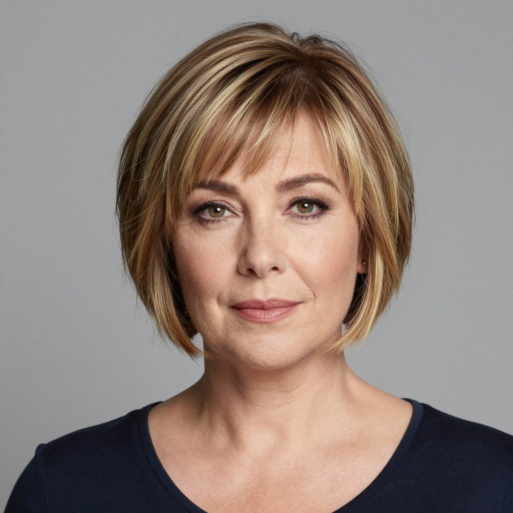 Woman with round face wearing asymmetrical short bob