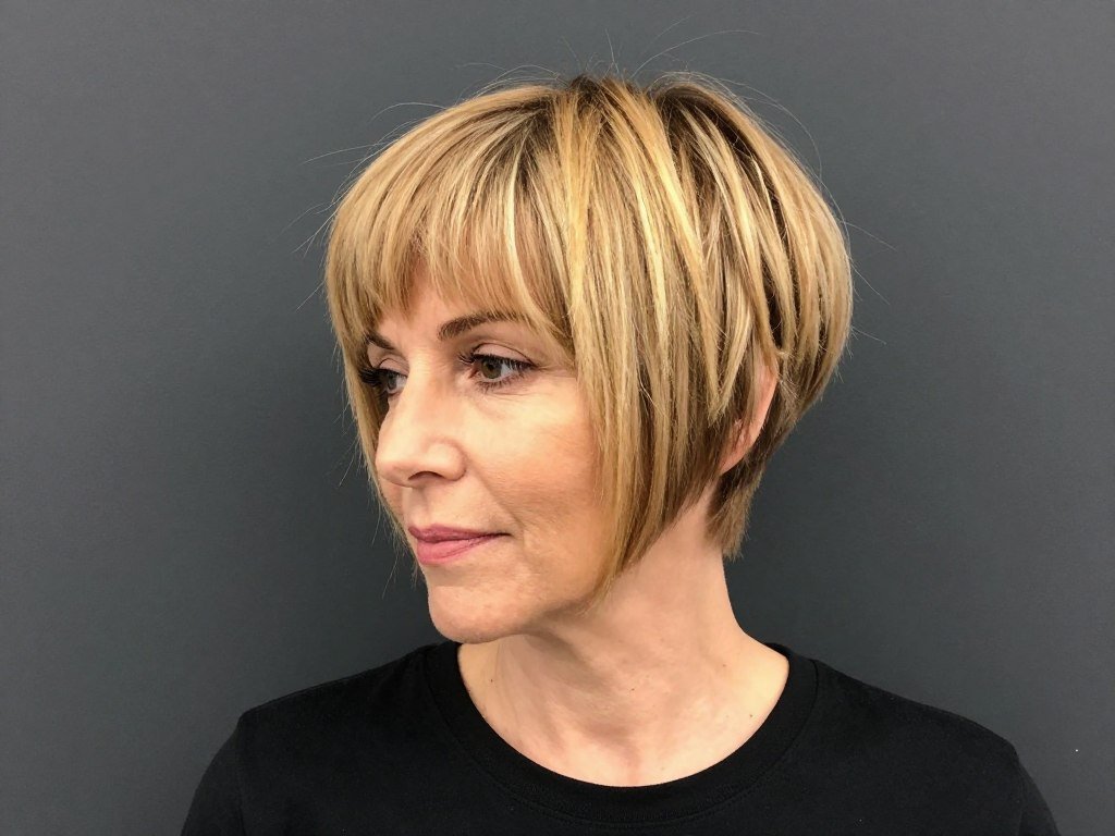 Woman with rounded pixie-bob hybrid haircut