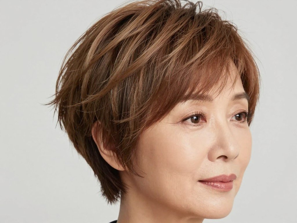 Woman with soft feathered pixie haircut