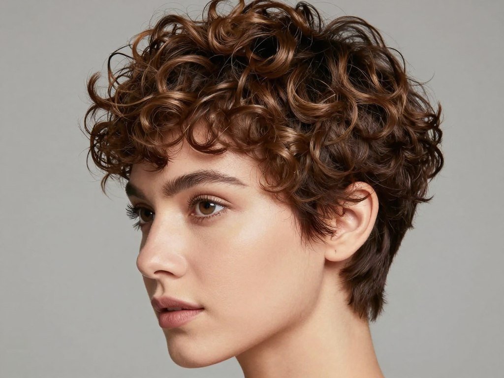 Woman with textured curly pixie cut and side-swept bangs